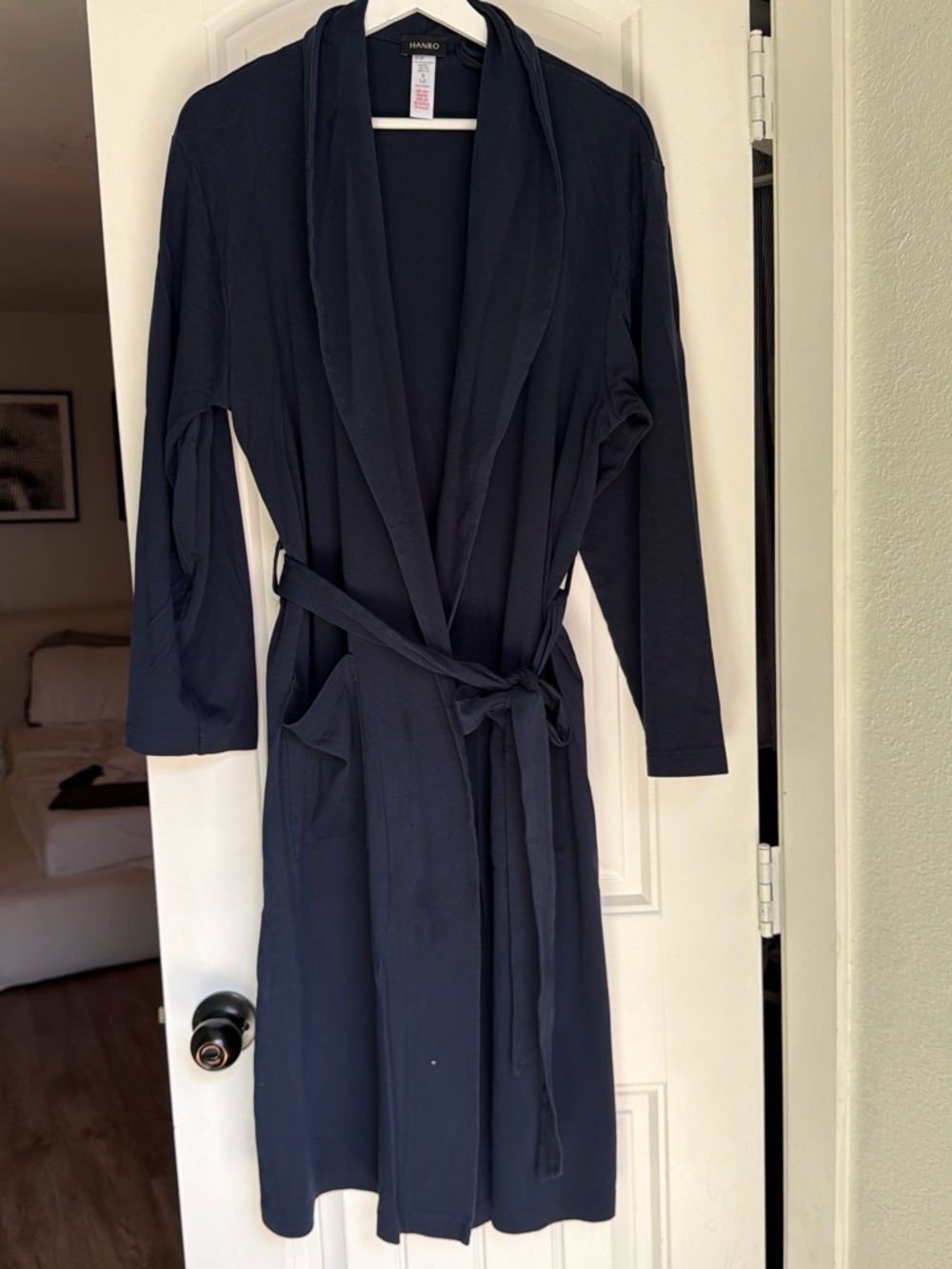 Hanro Navy Long Sleeve Robe with Shawl Collar and Tie